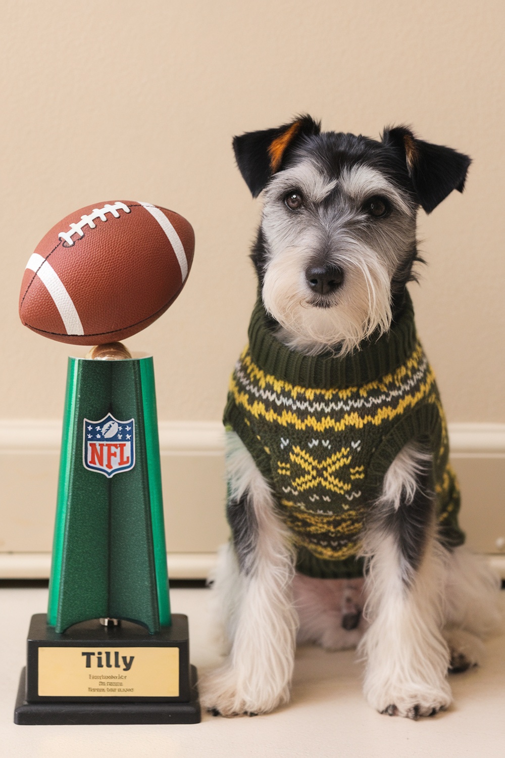 A spirited terrier named Tilly sitting next to a trophy and a football.