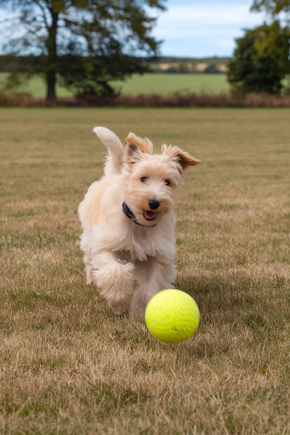 Wheaten Terrier puppy running towards a yellow ball in a grassy field.