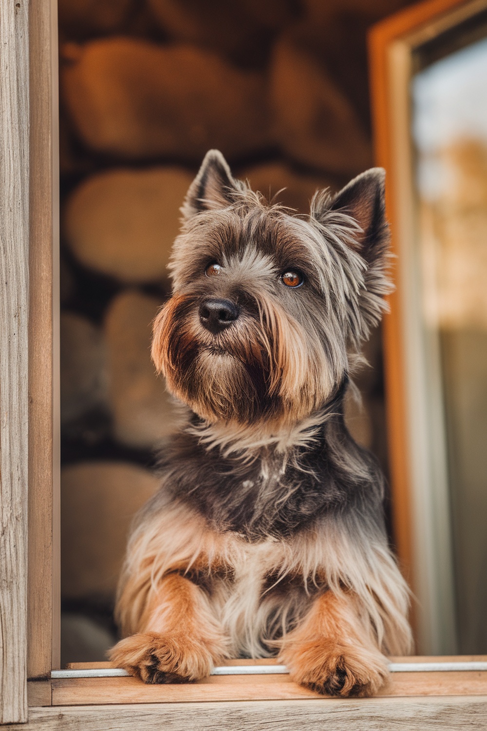 A Cairn Terrier looking out from a window, showcasing its vigilant nature.