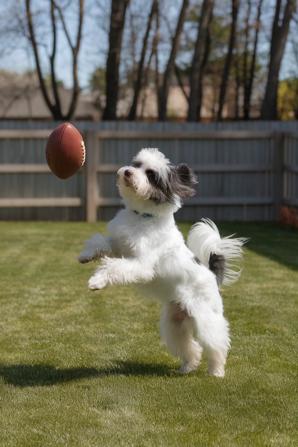 A Coton de Tulear dog jumping to catch a football in a grassy yard.
