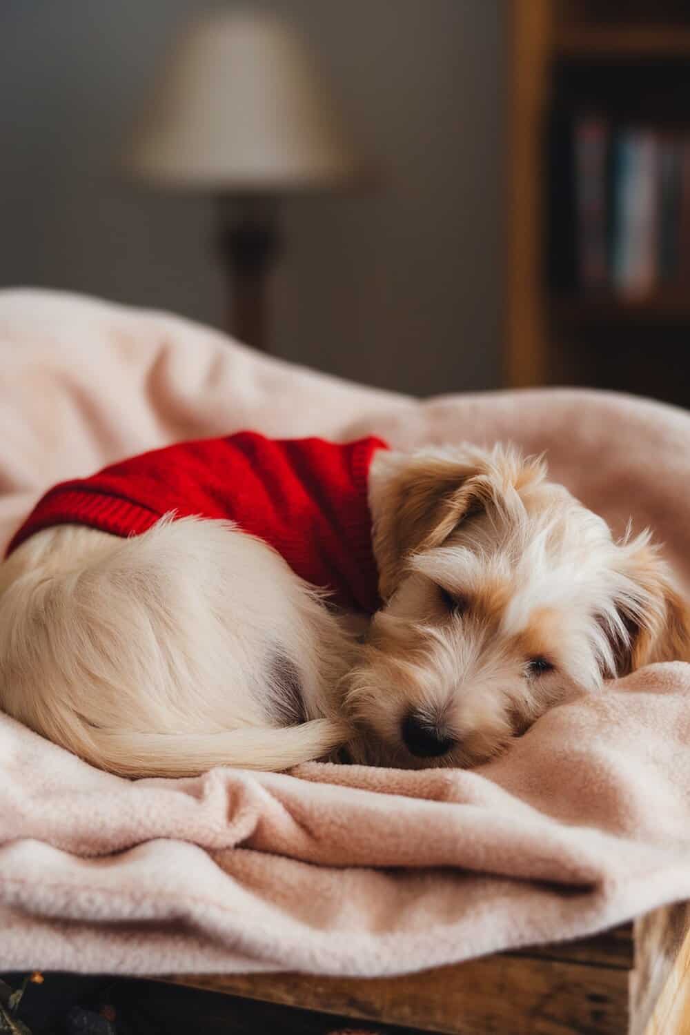 A Wheaten Terrier puppy sleeping on a soft blanket, wearing a red sweater.
