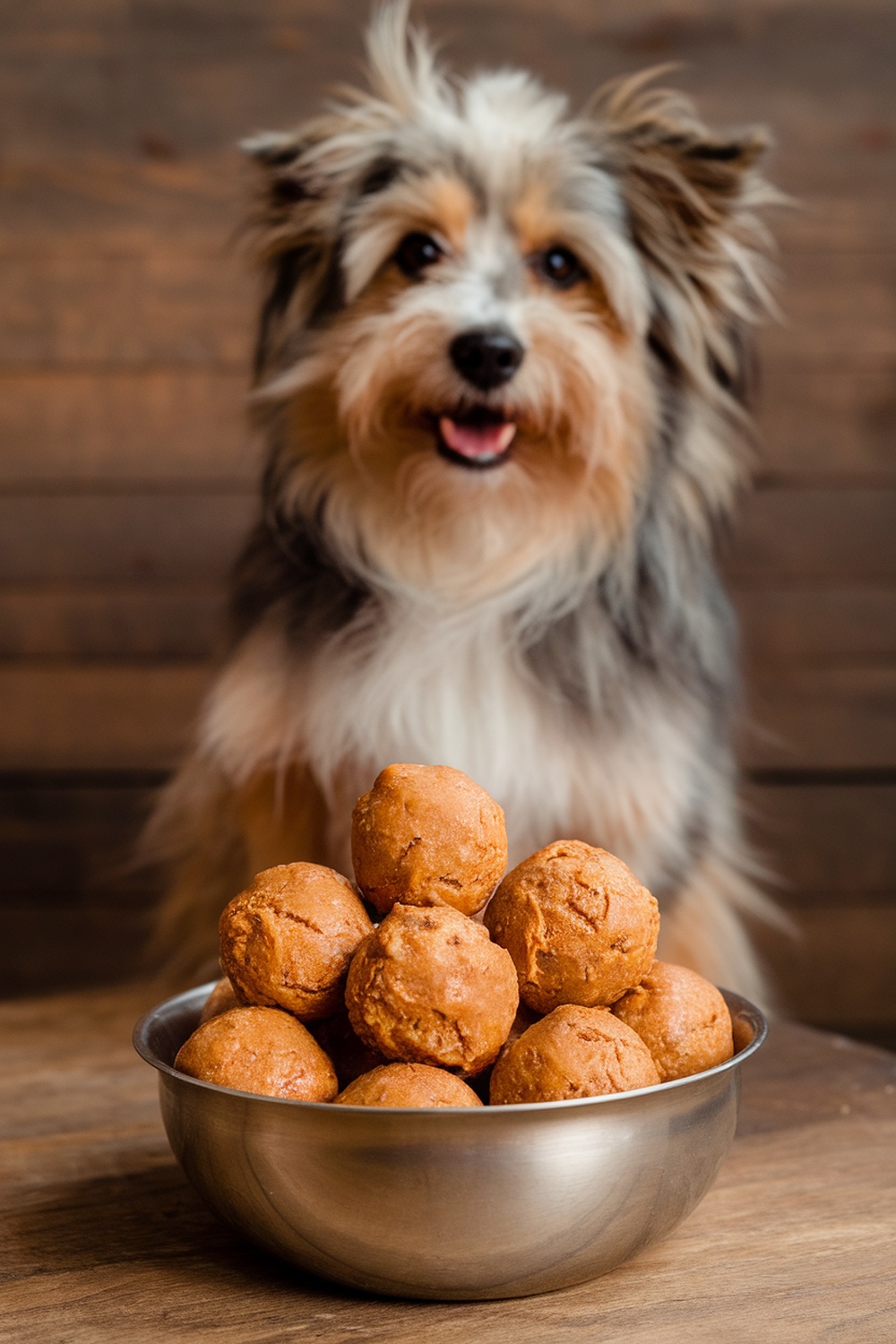 A happy dog sitting behind a bowl of peanut butter pumpkin balls.
