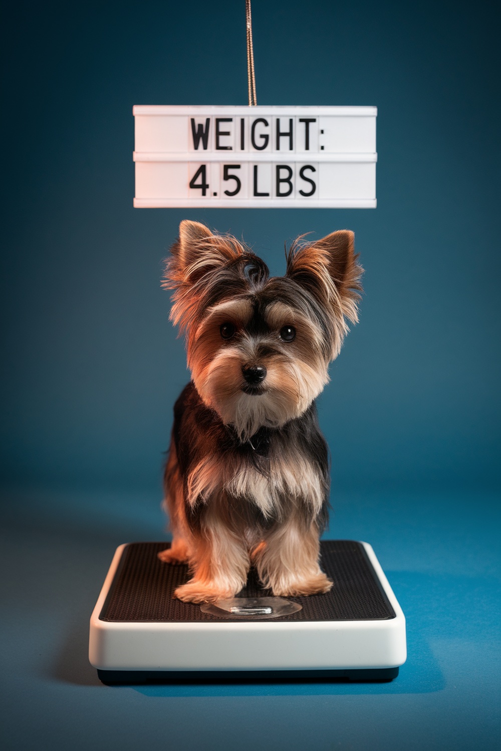 A mini Yorkie on a scale showing a weight of 4.5 lbs.