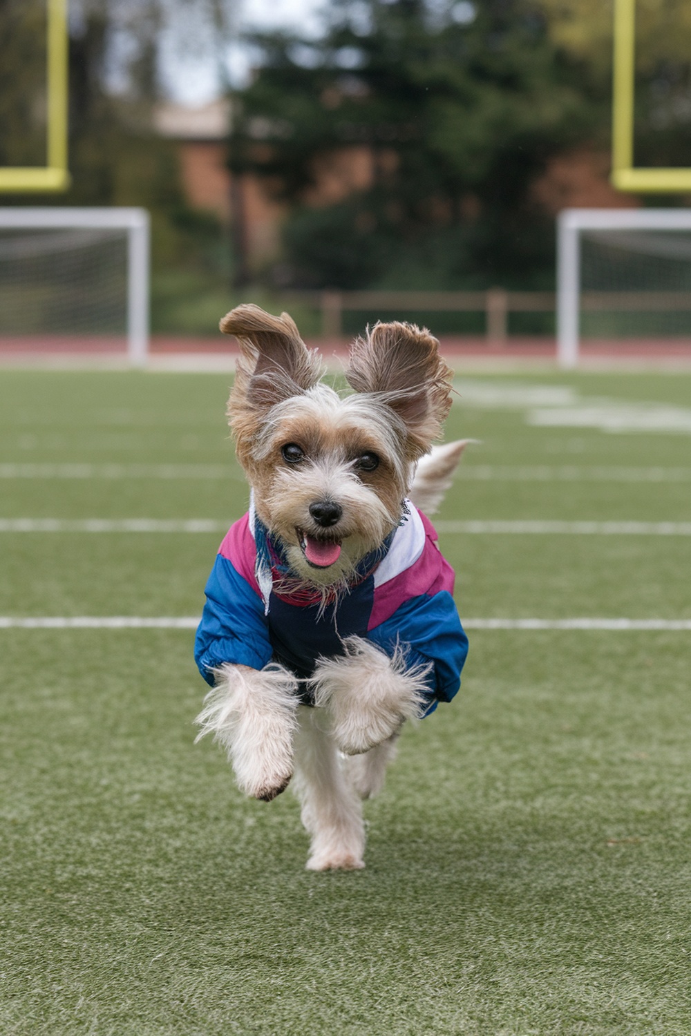A spirited terrier dog running on a football field, wearing a colorful jacket.