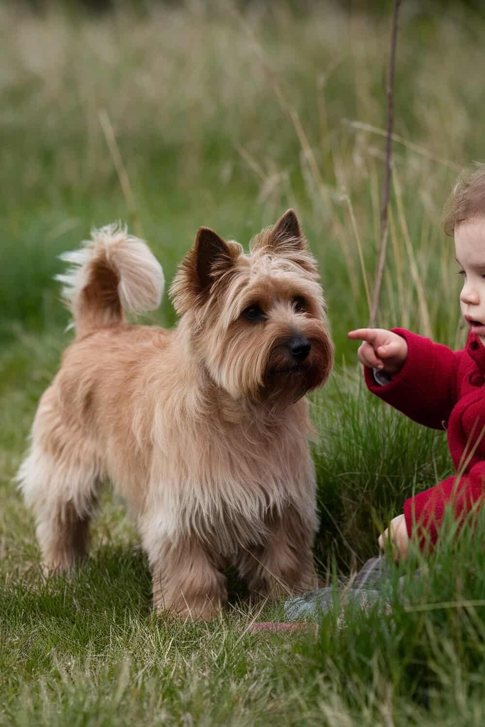 A Cairn Terrier standing in a grassy area next to a child.