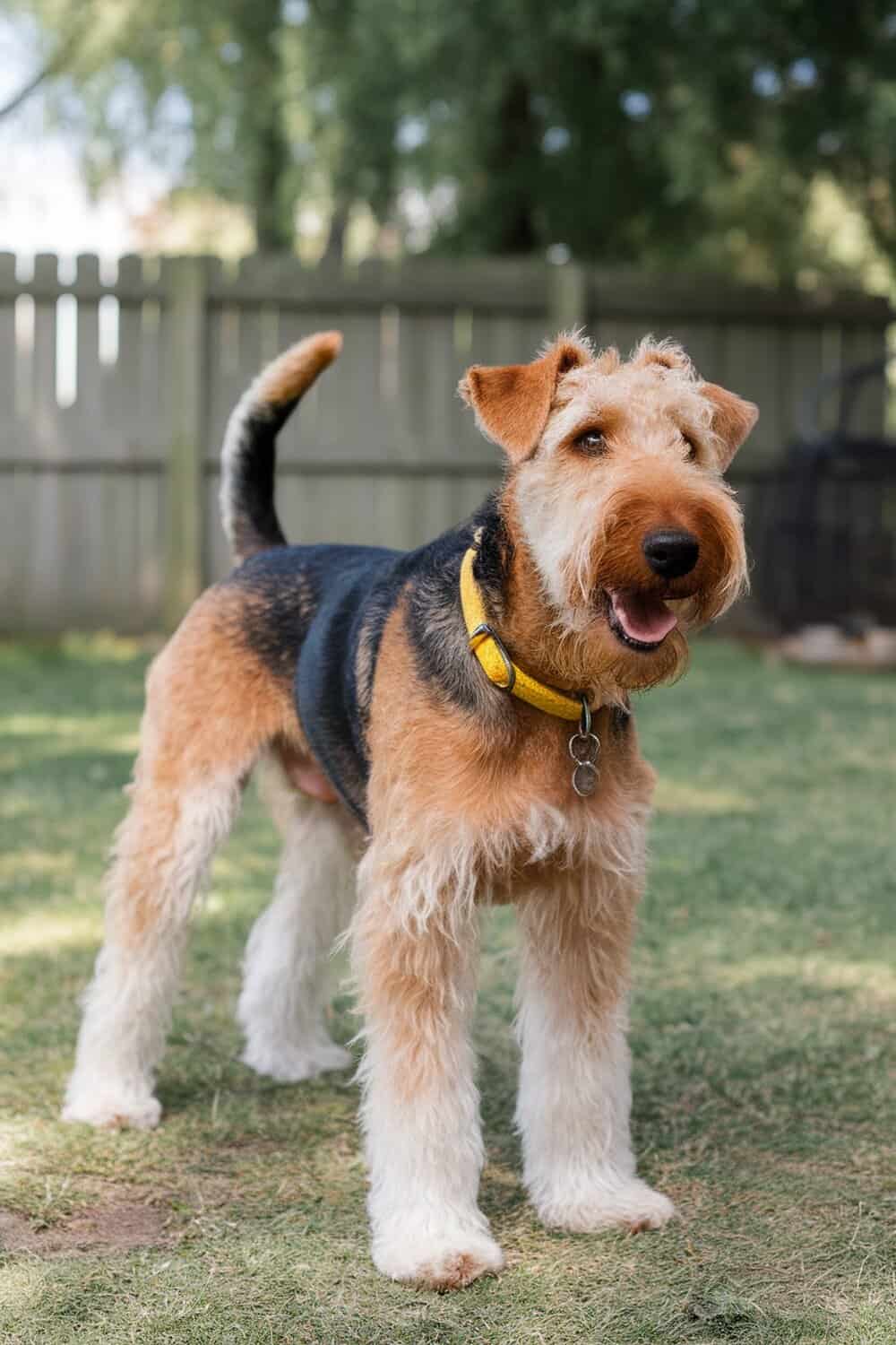 Airedale Terrier standing in a yard with a wagging tail