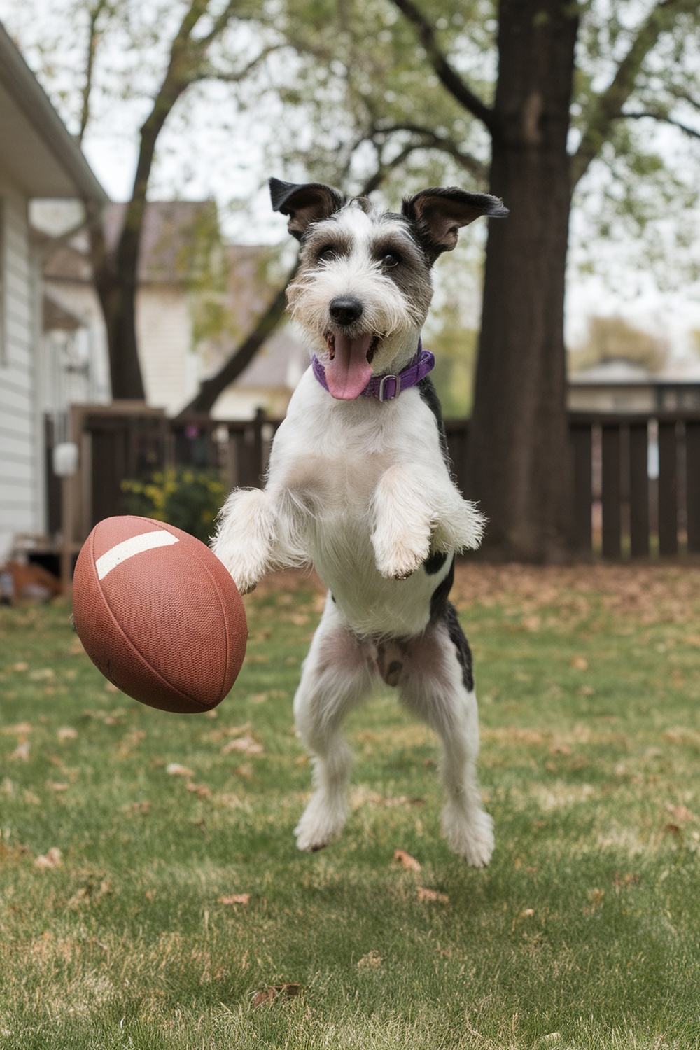 A spirited terrier dog jumping to catch a football in a grassy yard.