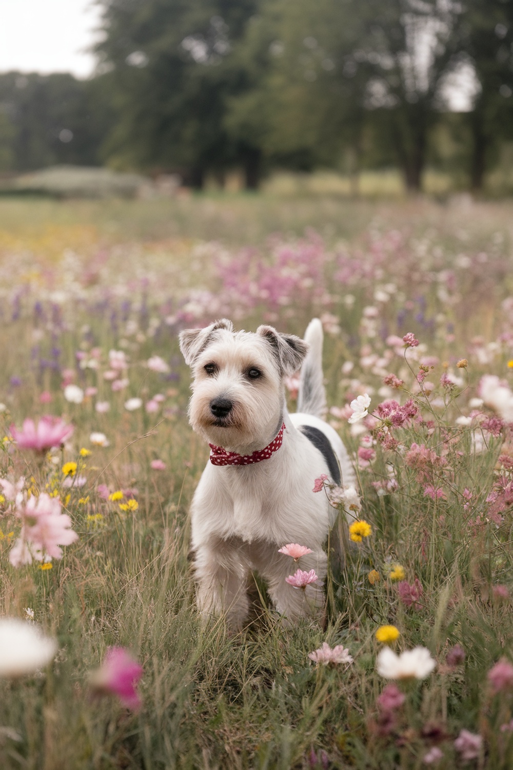 A Sealyham Terrier in a flower field, looking cute and playful.
