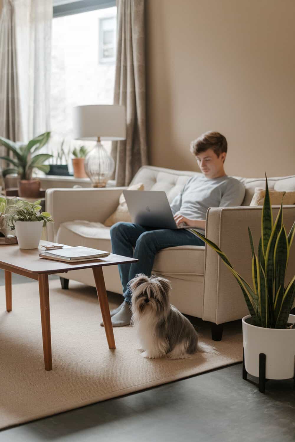 A young man working on a laptop at home with a Morkie sitting beside him.