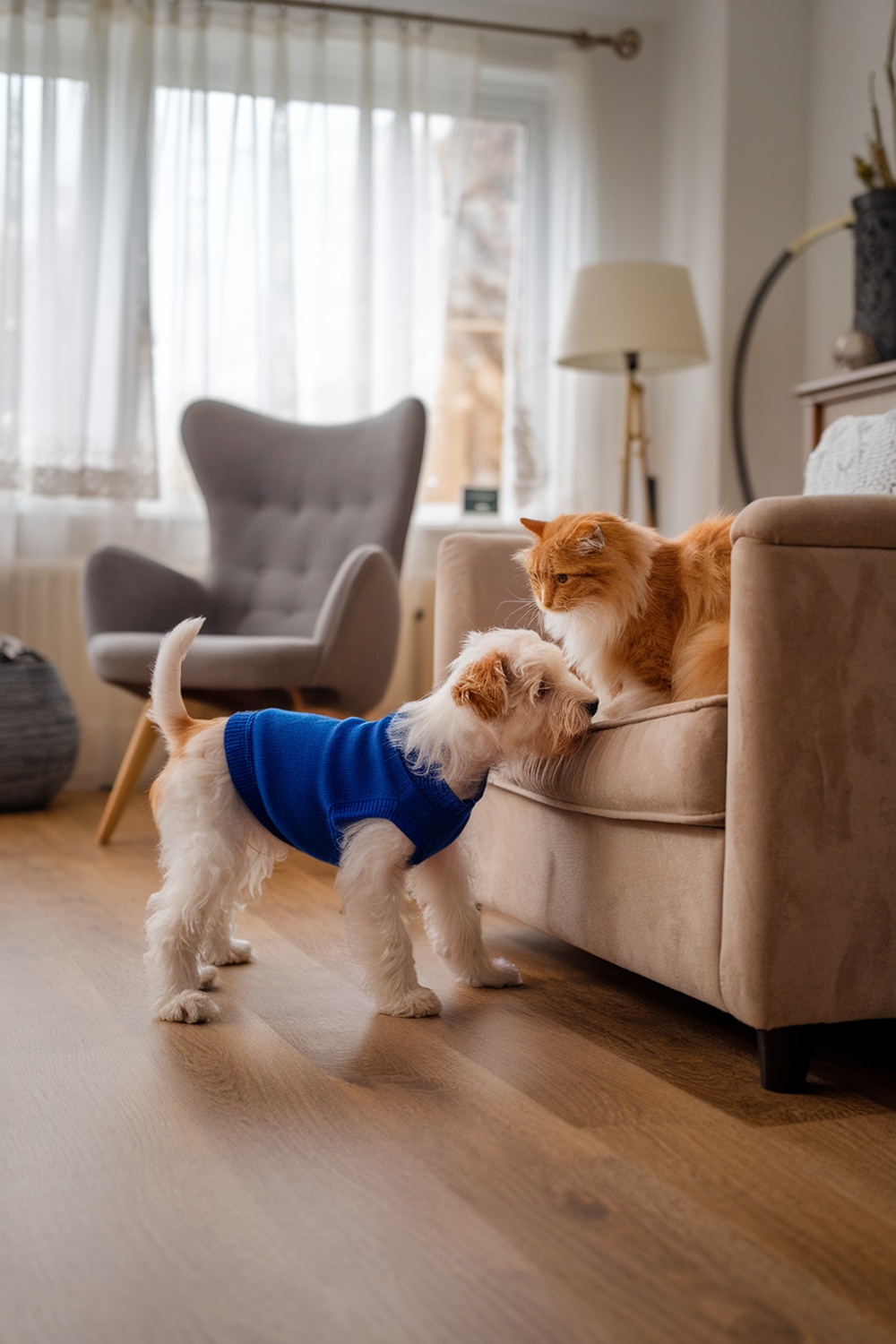 A Wheaten Terrier puppy in a blue sweater interacting with a cat on a couch.