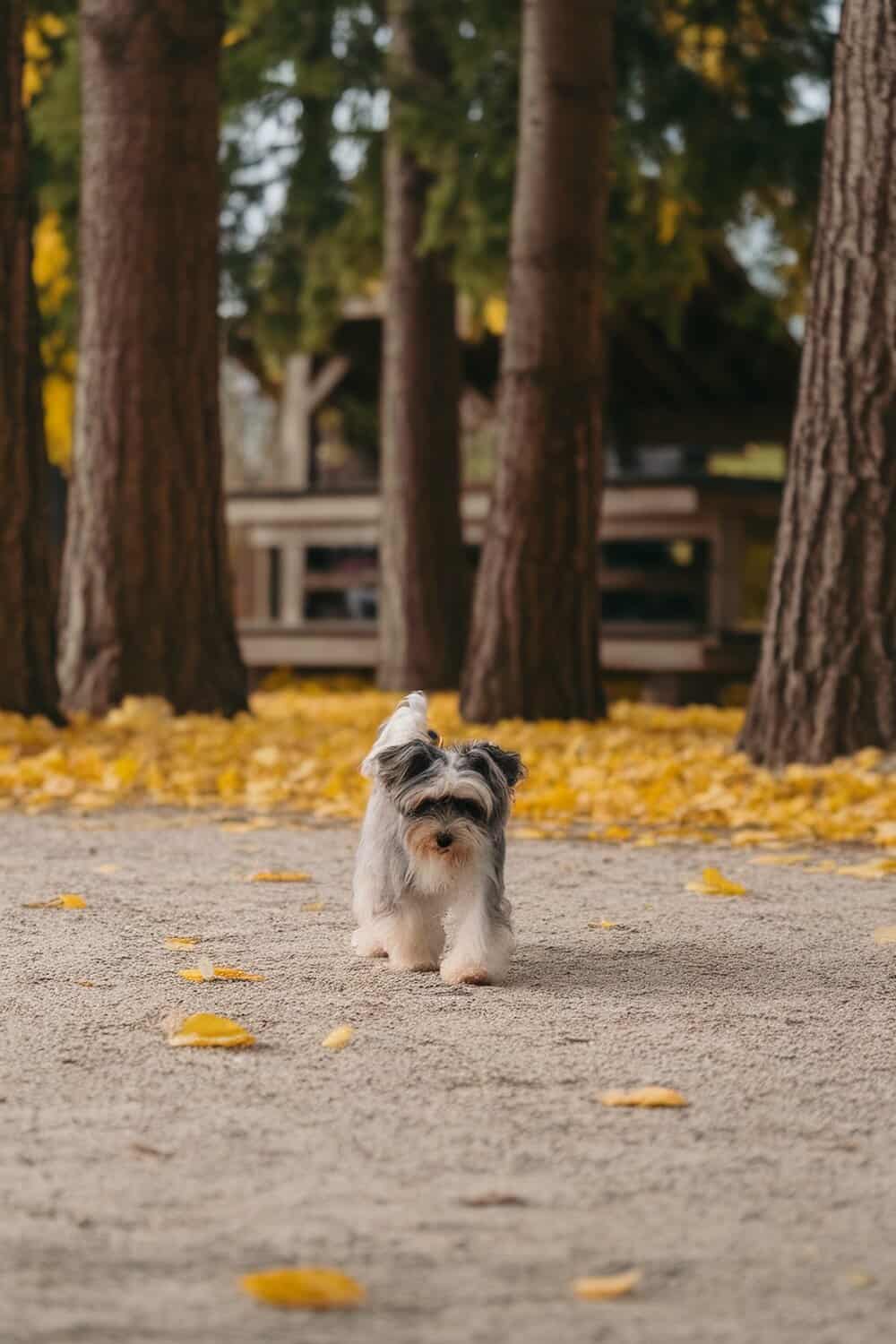 A Maltese Yorkie mix walking on a path surrounded by trees and fallen leaves.