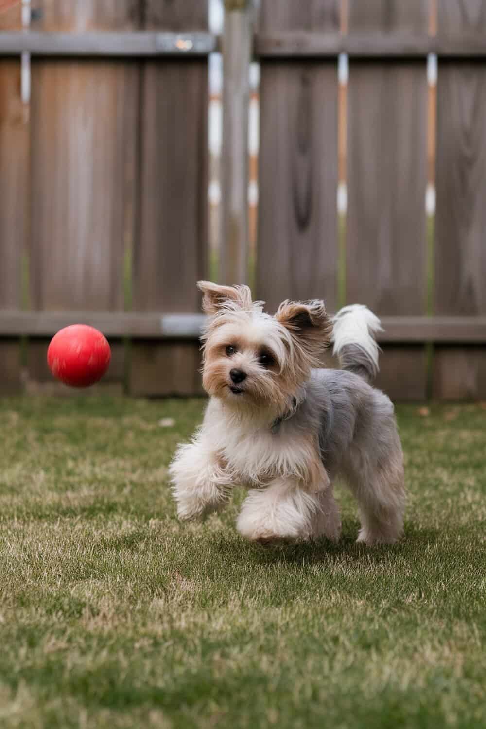 A Maltese Yorkie mix, or Morkie, joyfully chasing a red ball in a grassy yard.