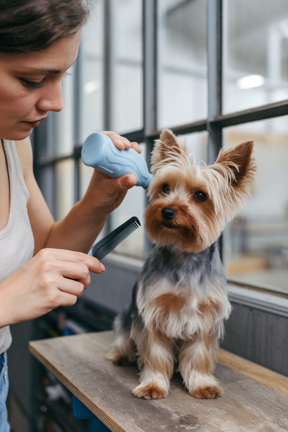 A person grooming a Yorkshire Terrier with a comb and a bottle of grooming product.