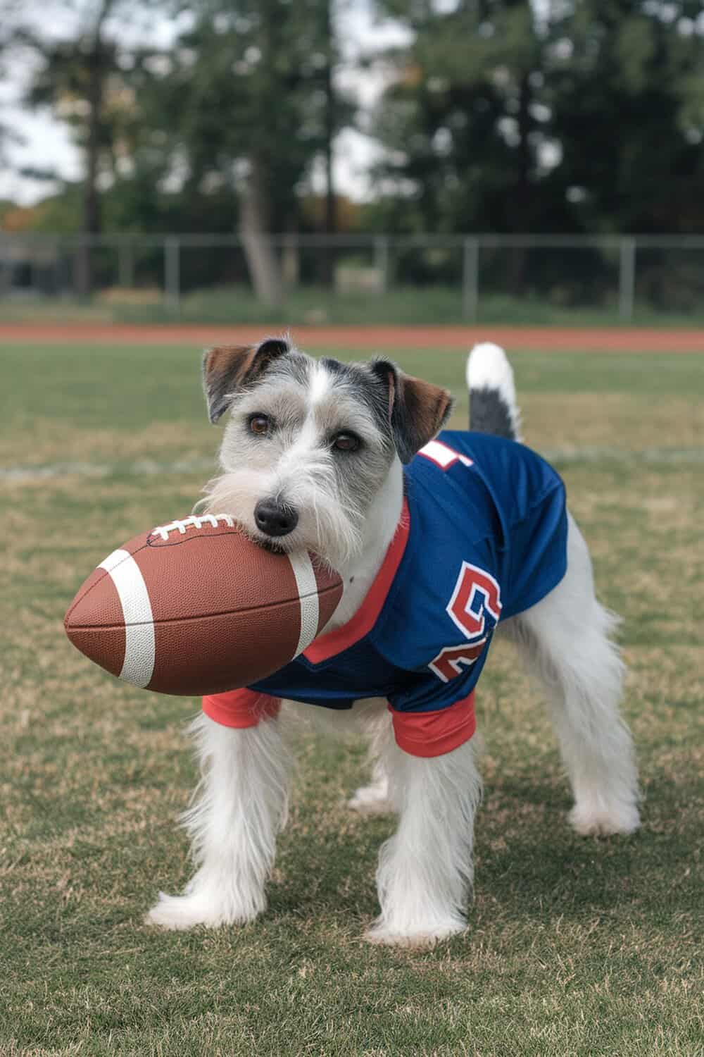 A terrier dog wearing a blue quarterback jersey, holding a football.
