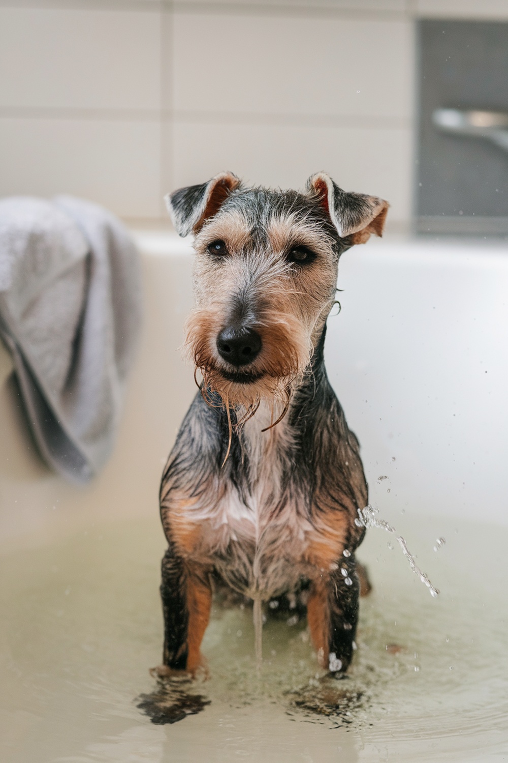 A Wire Fox Terrier sitting in a bathtub with water, looking calm and ready for a bath.