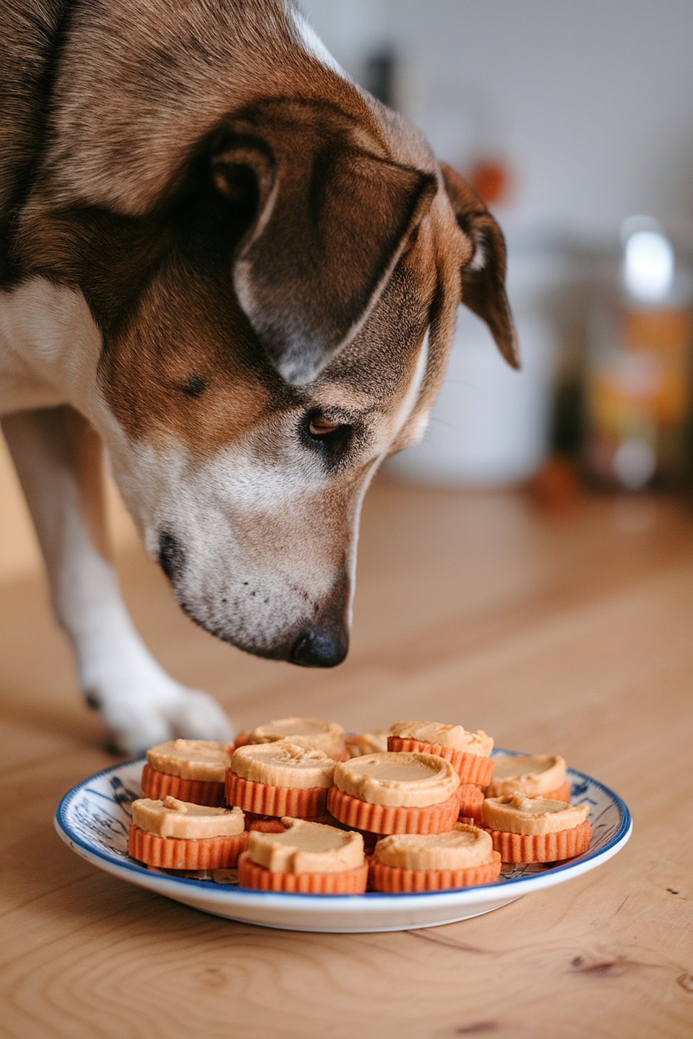 A dog sniffing a plate of peanut butter and carrot treats.