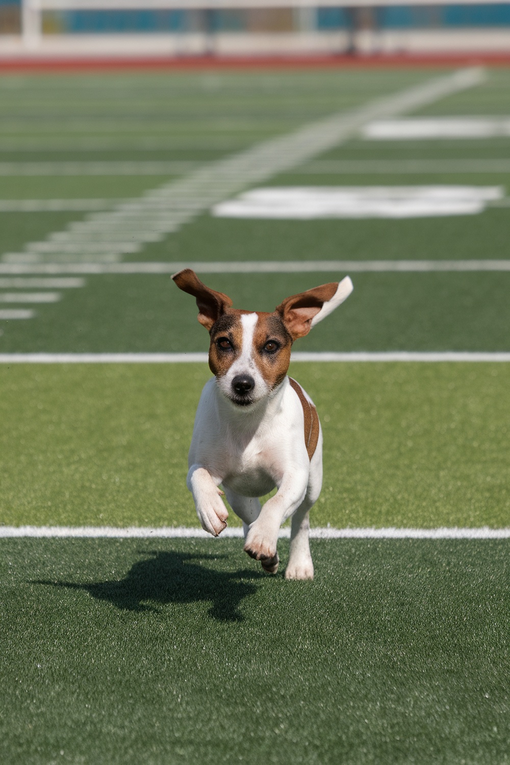 A Parson Russell Terrier running on a football field.
