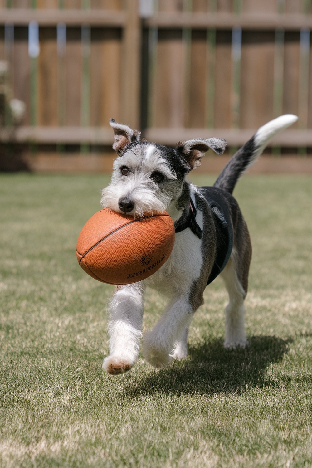 A spirited terrier dog running with a football in its mouth.