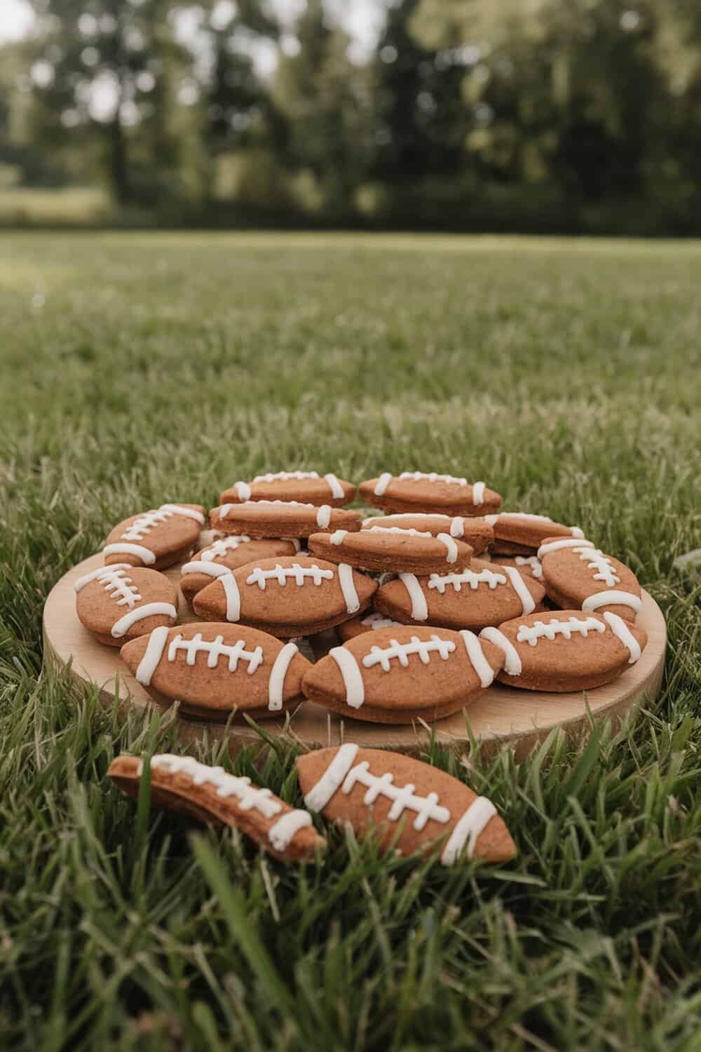 A platter of football-shaped dog treats on grass.