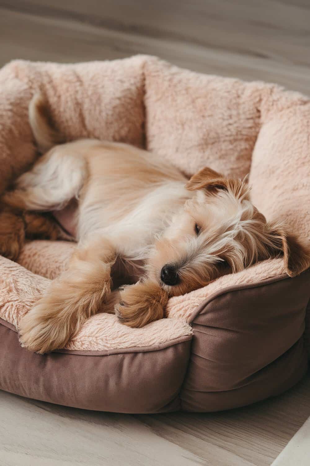 Wheaten Terrier puppy sleeping in a cozy dog bed