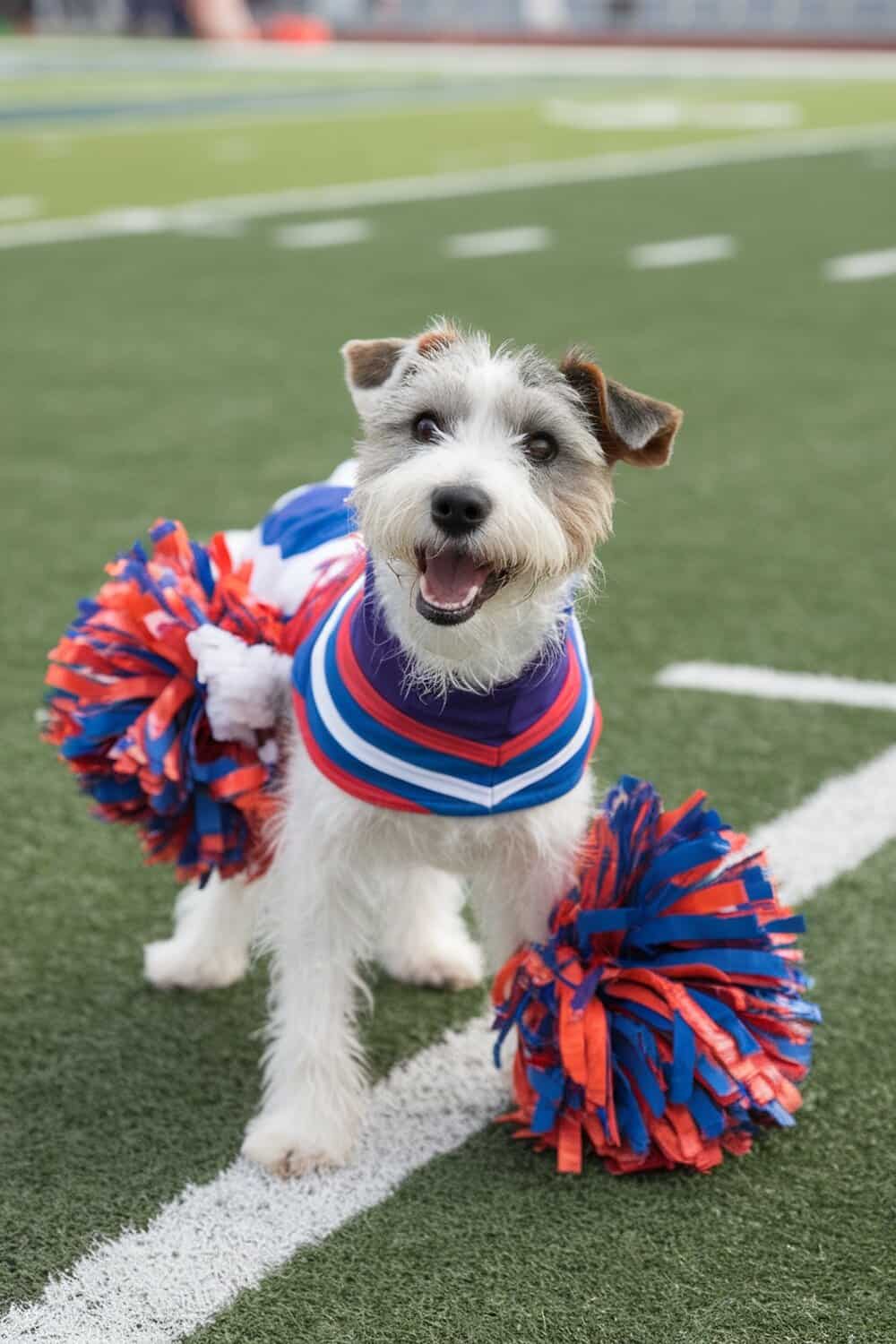 A cheerful terrier dog dressed in a cheerleader outfit with pom-poms on a football field.