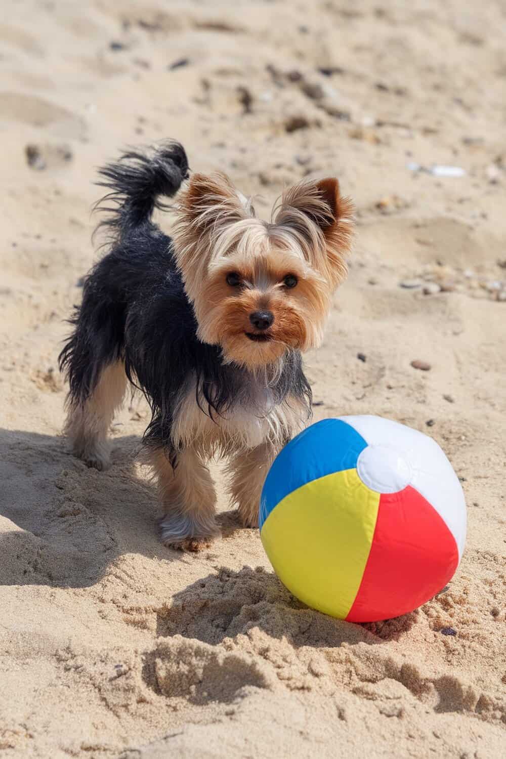 Yorkie with a beach ball on the sand