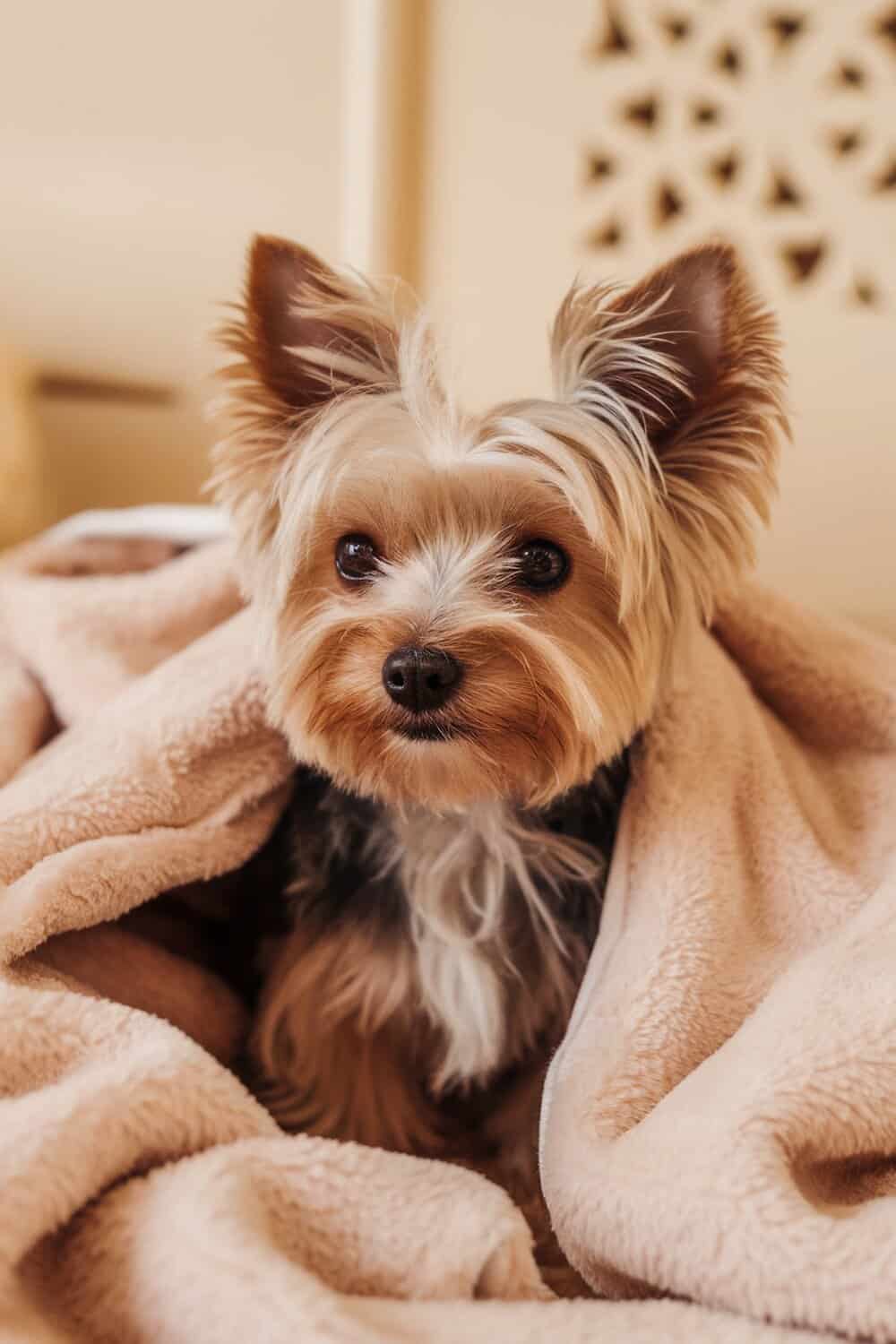 Yorkshire Terrier with a teddy bear cut, wrapped in a soft blanket.