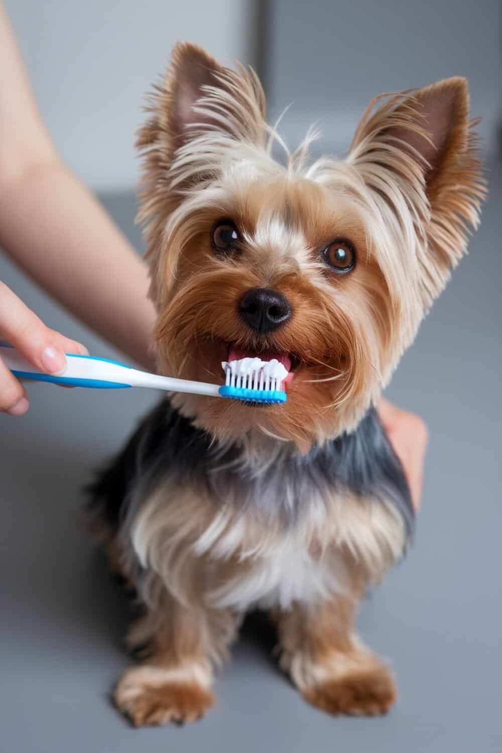 A Yorkshire Terrier getting its teeth brushed with a toothbrush.