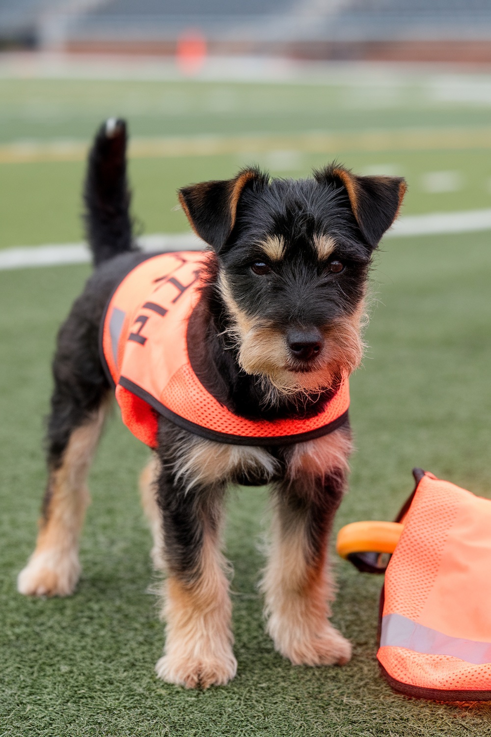 A spirited terrier dog wearing an orange vest on a football field.
