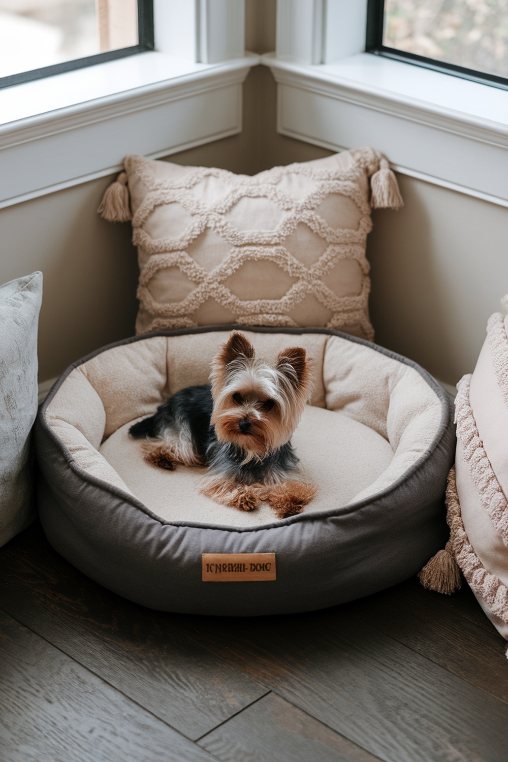 A mini Yorkie resting in a comfortable dog bed surrounded by soft pillows.