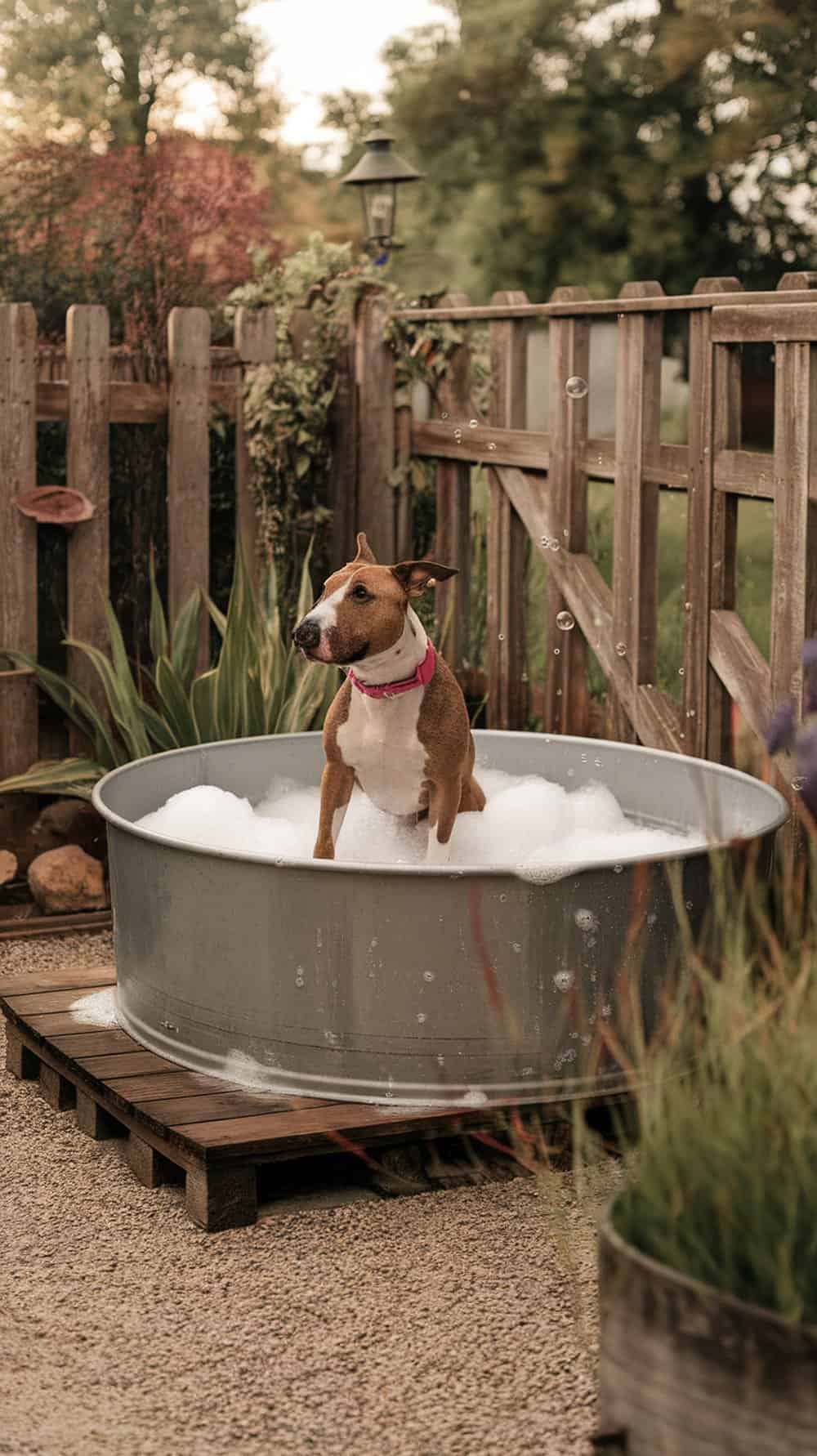 A happy American Bull Terrier enjoying a bath in a large tub filled with bubbles.