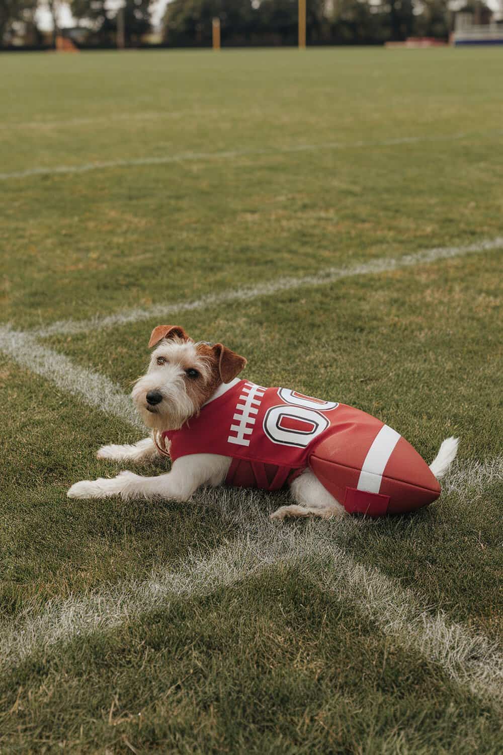 A terrier dog wearing a football-themed costume lying on a grassy field.