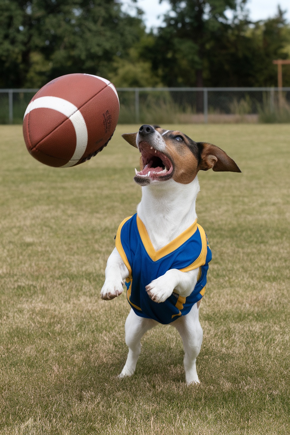 A Jack Russell Terrier in a blue jersey jumps to catch a football.