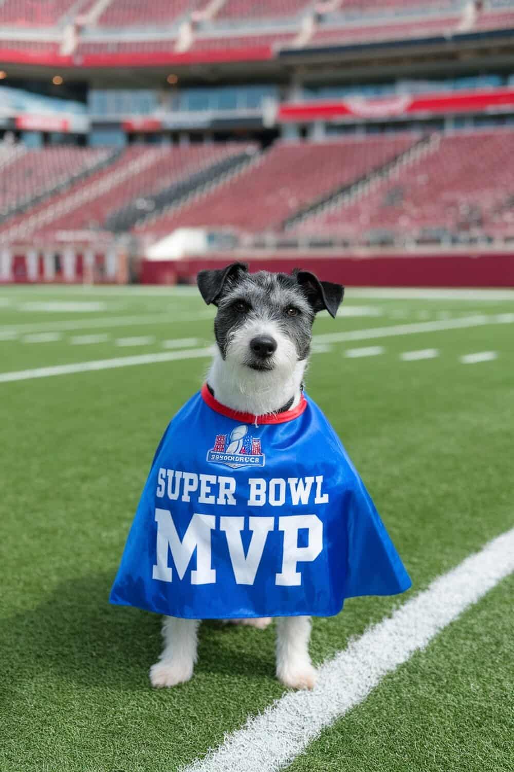 A terrier dog wearing a blue Super Bowl MVP cape on a football field.