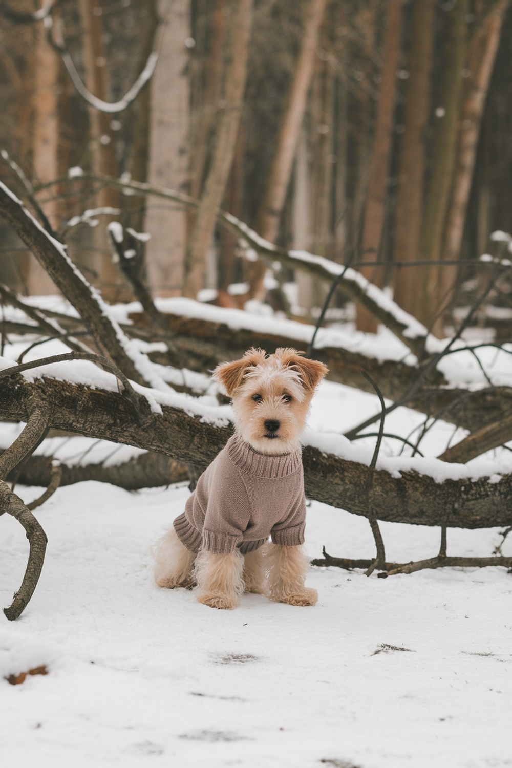 A Wheaten Terrier puppy wearing a cozy sweater in a snowy forest.