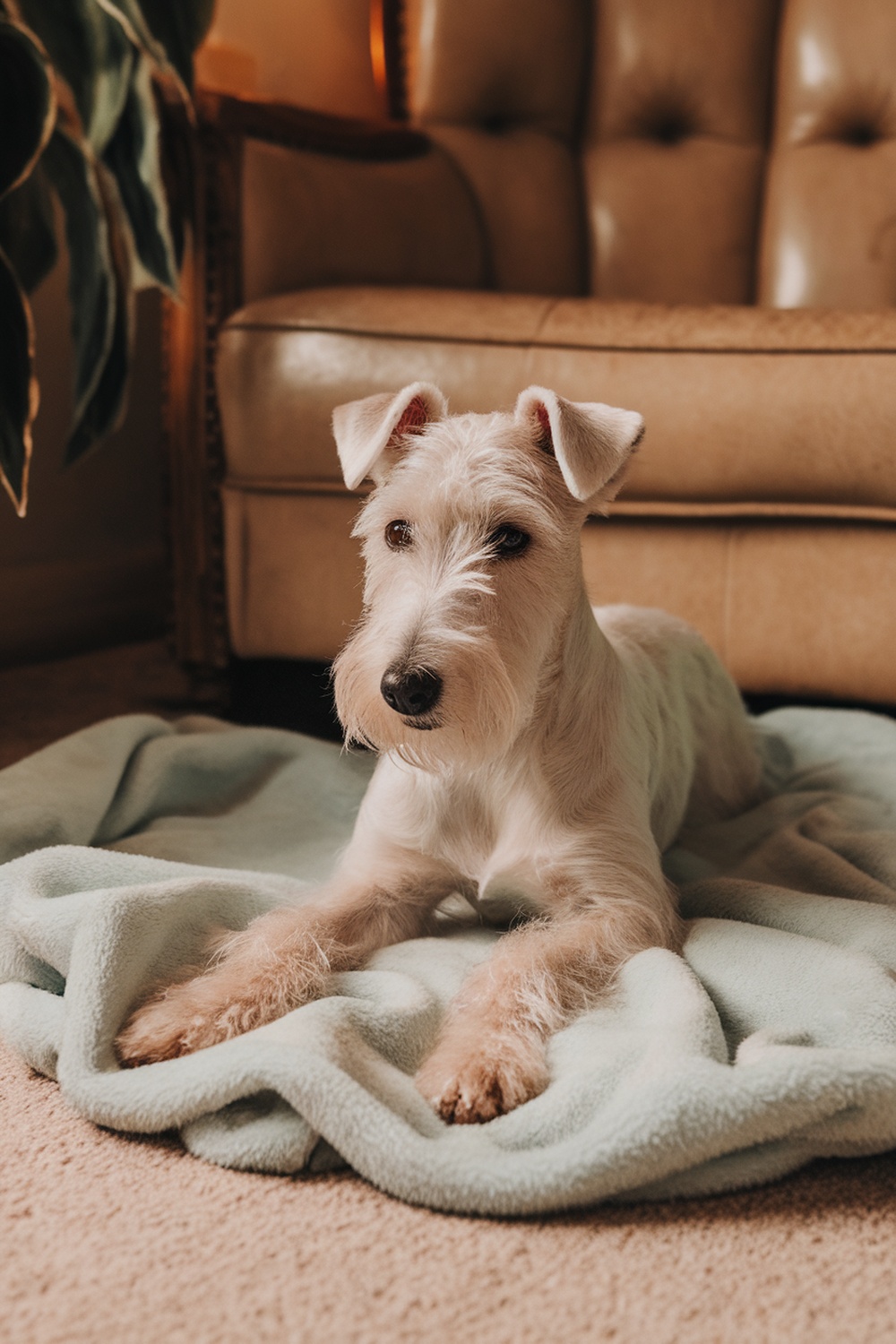 A Wire Fox Terrier resting on a soft blanket in a cozy living room.