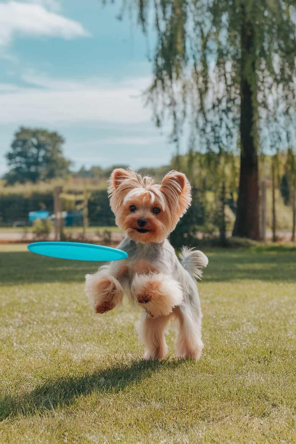 Yorkshire Terrier with a teddy bear cut playing with a frisbee in a grassy field.