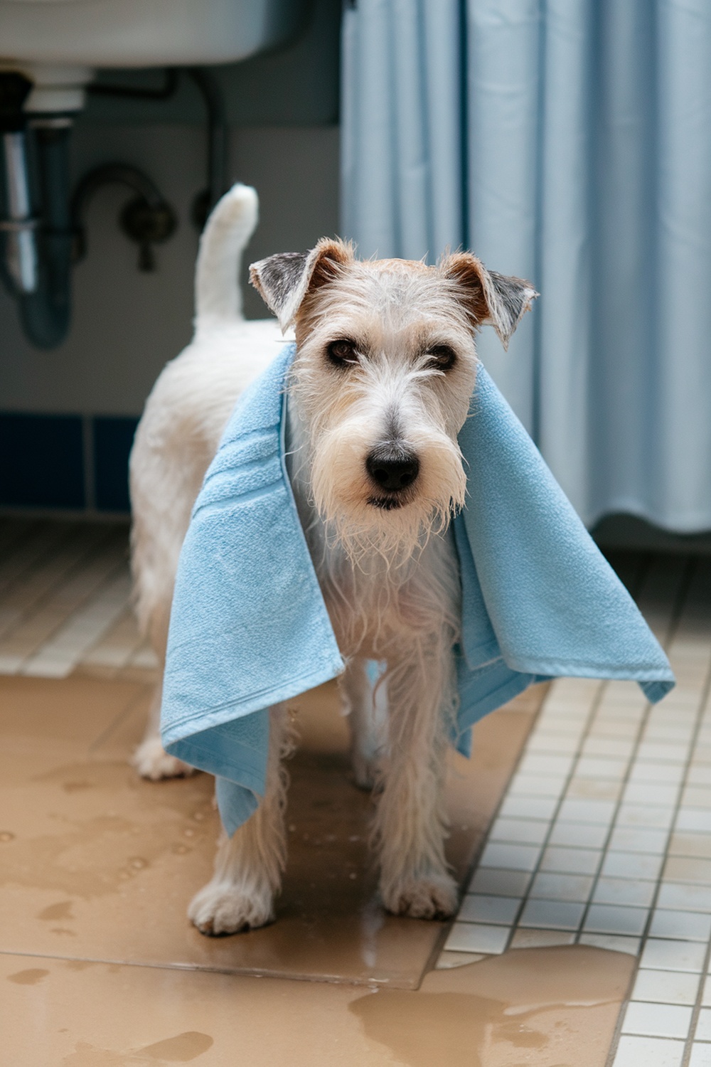 A Wire Fox Terrier wrapped in a blue towel after a bath.
