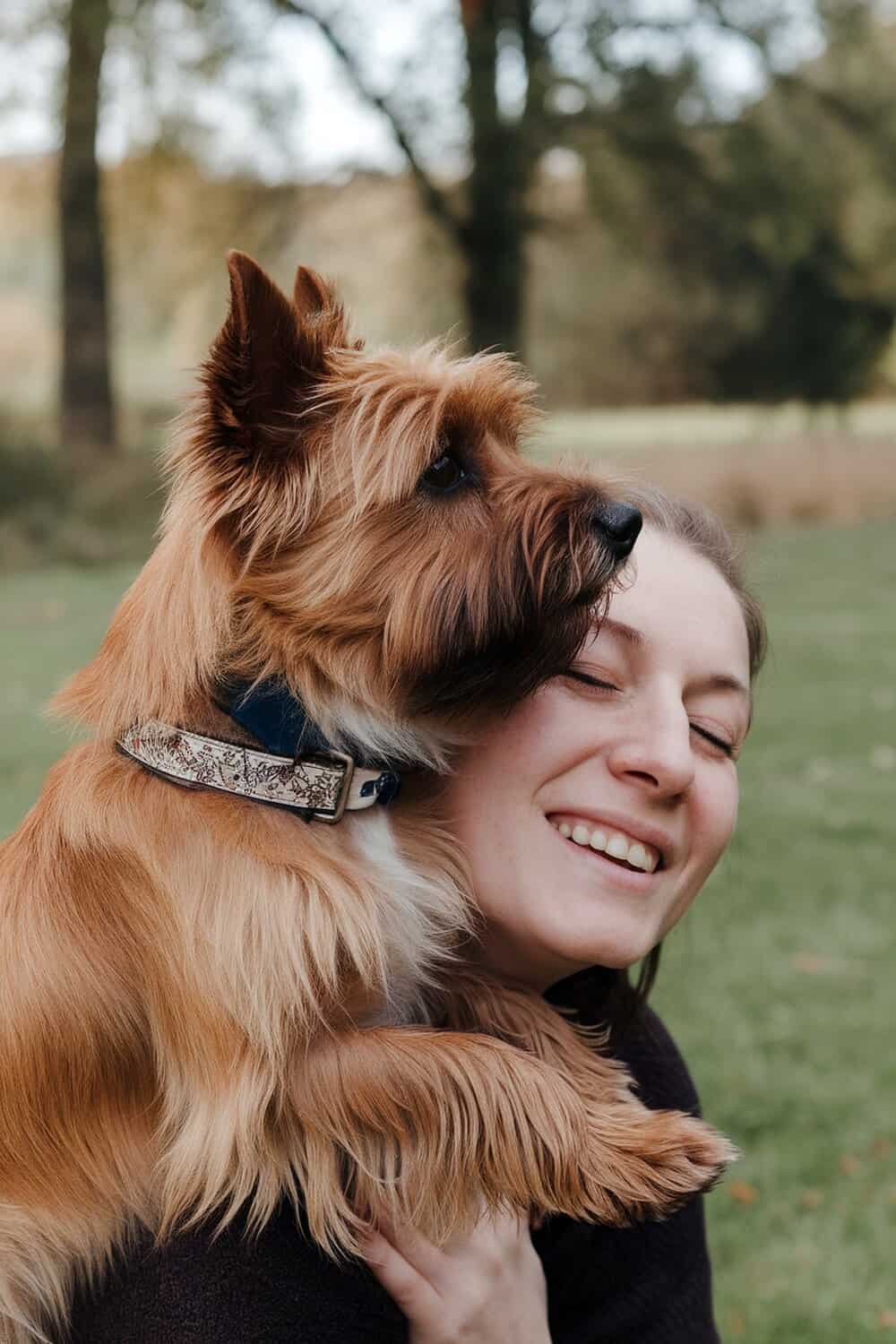 A person smiling while holding a Cairn Terrier close, showcasing the dog's affectionate nature.